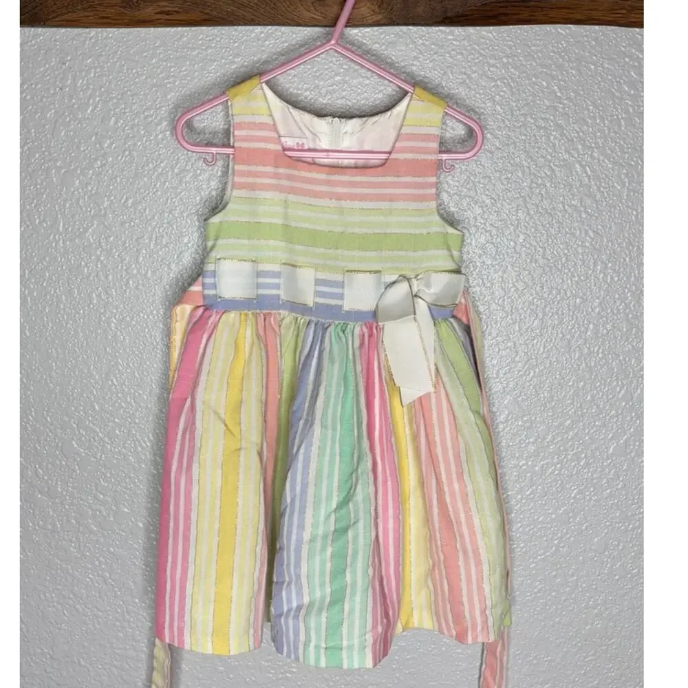 Bonnie Jean Girls Pastel Rainbow Stripe Sleeveless Dress with Bow size 3/3t